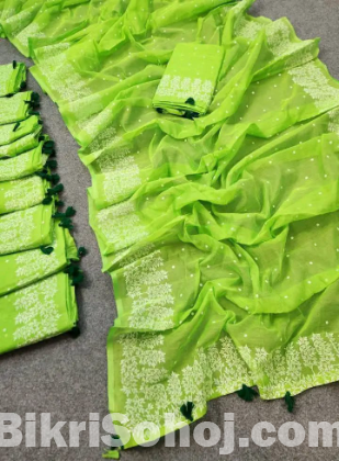 Half silk block print sharee